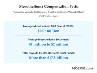 Image showing average mesothelioma trial payouts ($20.7 million), settlement amounts ($1 million to $2 million) and total payouts by mesothelioma trust funds (more than $17.5 billion).